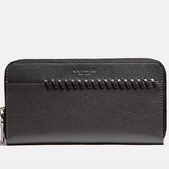 Coach Baseball Stitch Accordion Zip Wallet Black Smooth Calf Leather Unisex - Picture 1 of 16